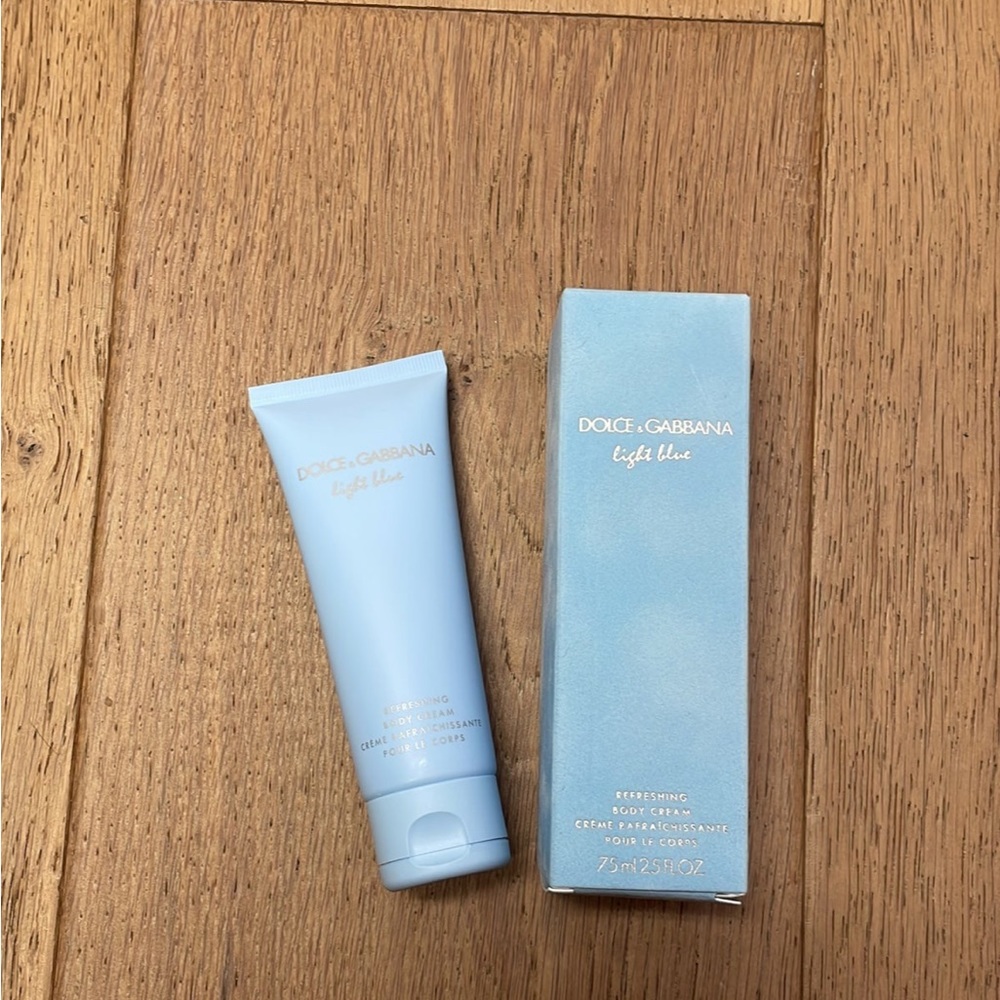 D&G Light Blue body cream. 2.5 oz. Expires 12 months after opening.